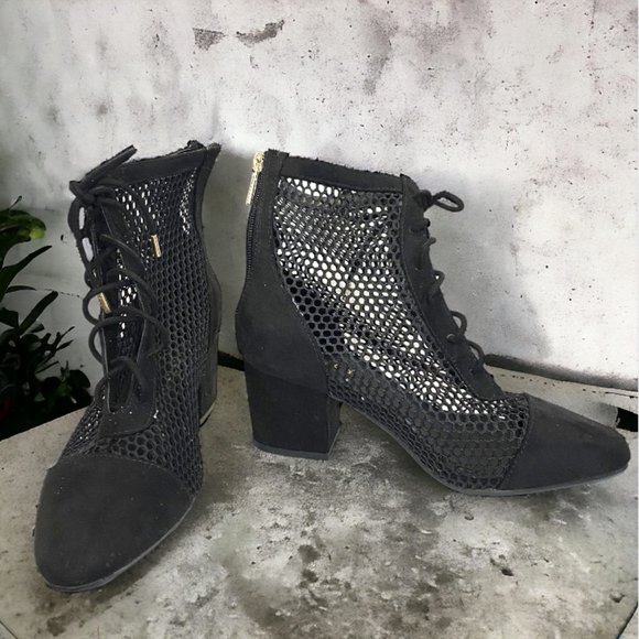 BAMBOO -- Ankle Boots, Black Mesh with Back Zip and Faux Lace Front - Picture 2 of 9